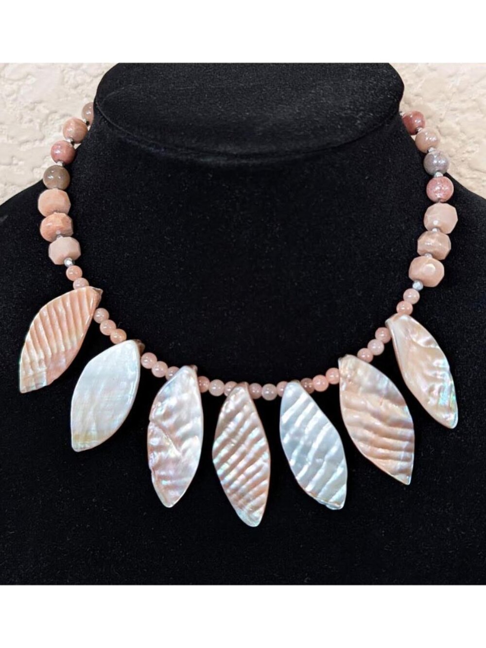 Boho Earthtone Beige, Tan & Blush Sunstone & Shell Bib Statement Necklace
